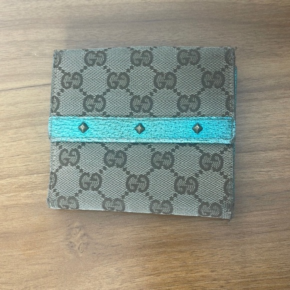 Gucci brown monogram canvas and leather studded compact wallet - Picture 1 of 13